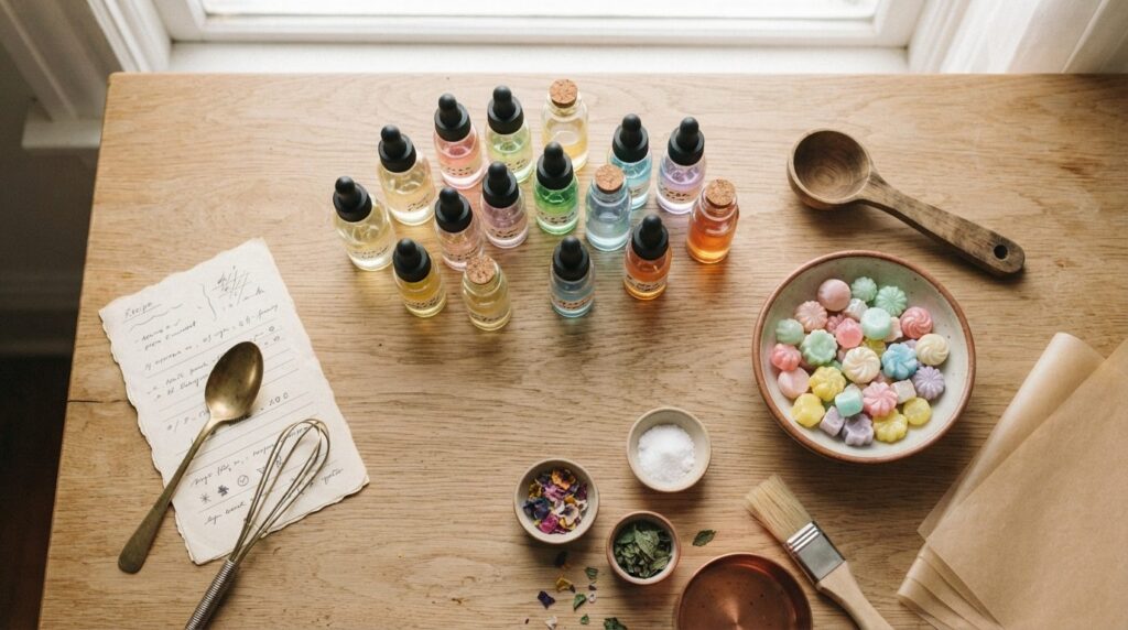 Flat lay overhead shot of handmade candy-making hobby setup: