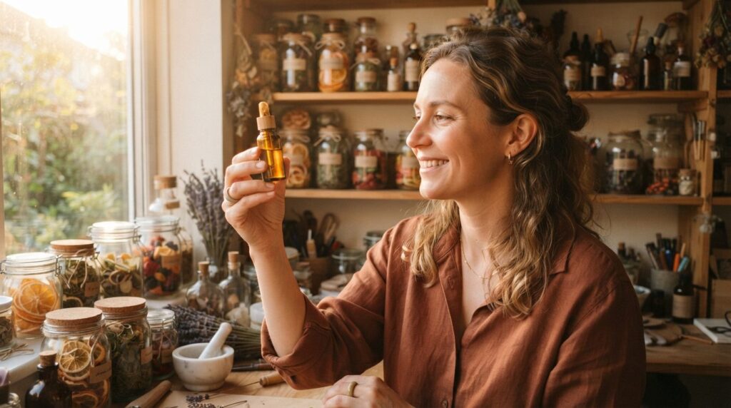 Serene close-up portrait of a person in their home crafting 