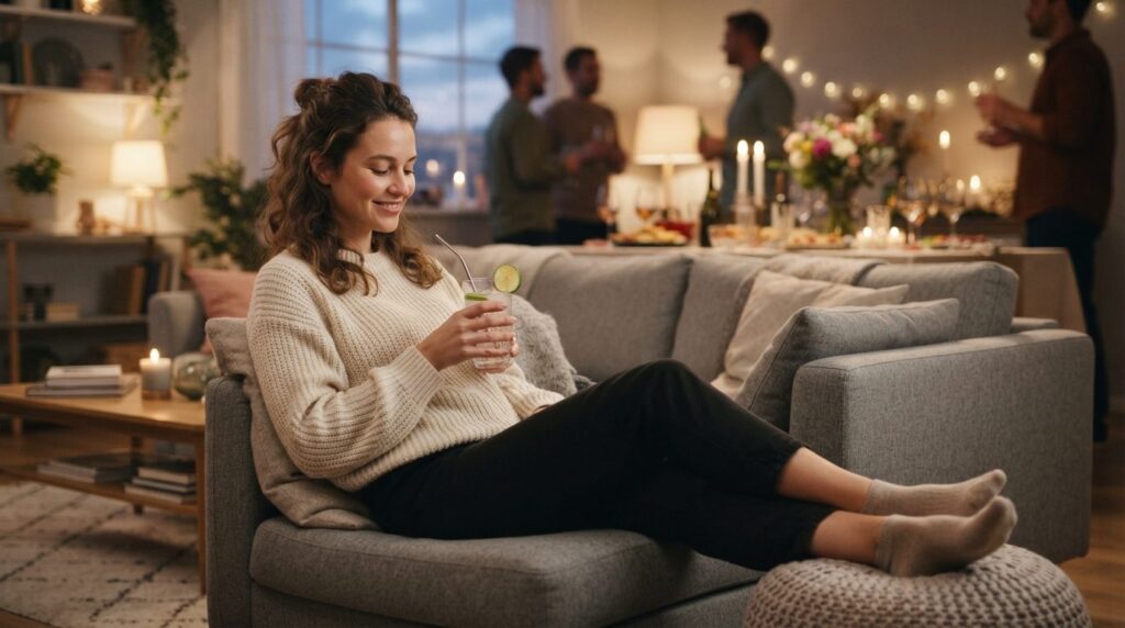 Realistic photo of a relaxed young adult sitting on a couch 