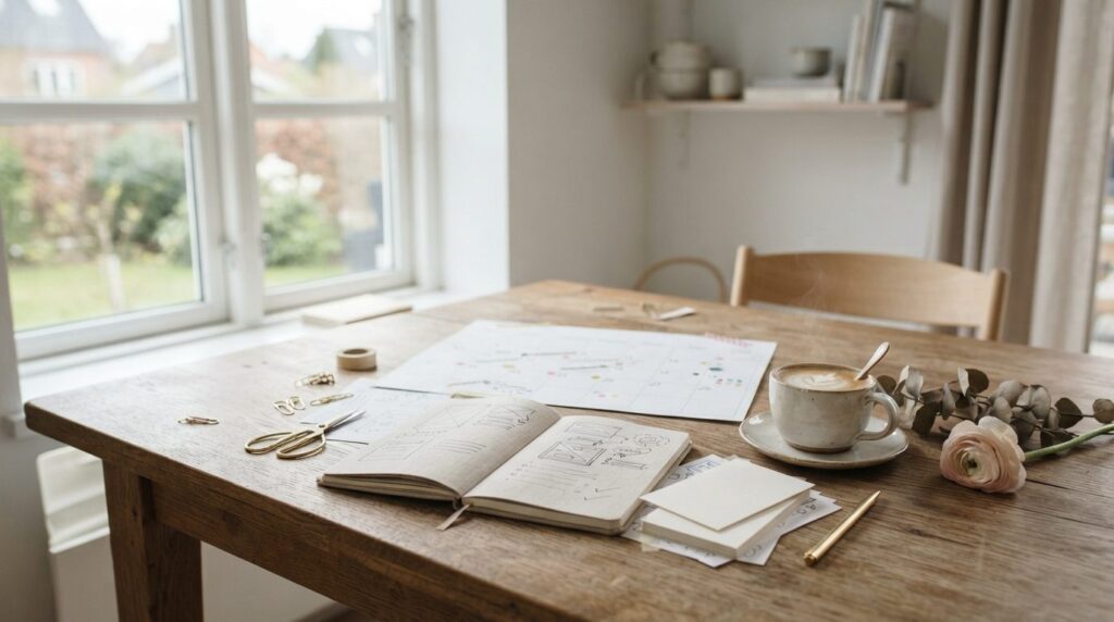 Photorealistic image of organized party planning setup: chec