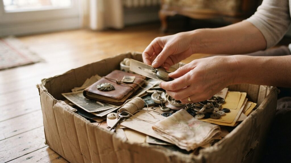 Close-up photograph of hands sorting through vintage items a