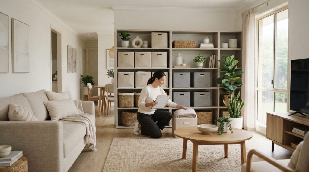 Wide shot of an organized living room with labeled storage b