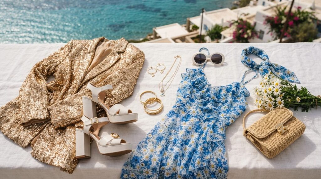 Close-up flat lay of a Mamma Mia themed bachelorette party o