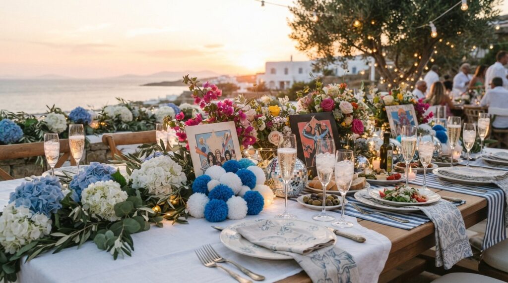 Festive Mediterranean party table setting with Greek-inspire