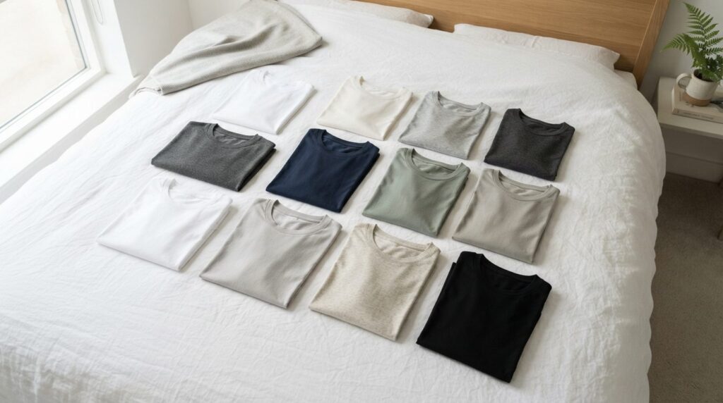 Overhead shot of a carefully curated t-shirt collection disp
