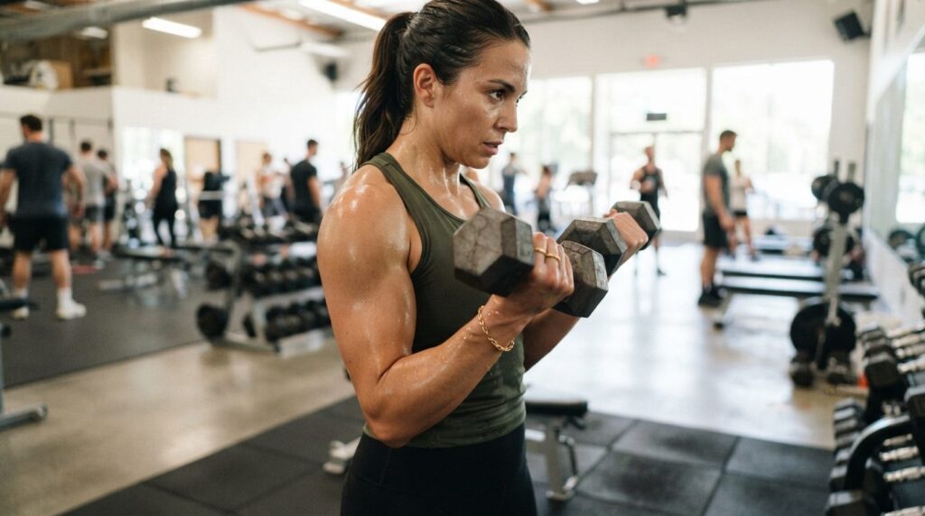 Athletic woman in gym clothes wearing gold-plated and waterp