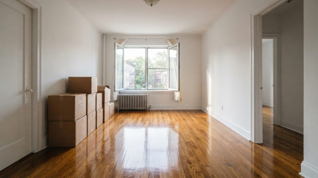 Wide shot of a spotless, freshly cleaned empty apartment roo